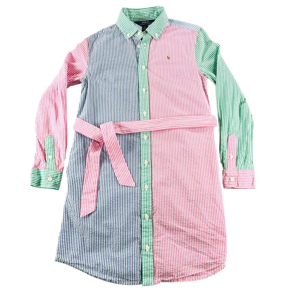 Polo Ralph Lauren Seersucker Shirt Dress Girls 12 Multicolor Stripes Textured